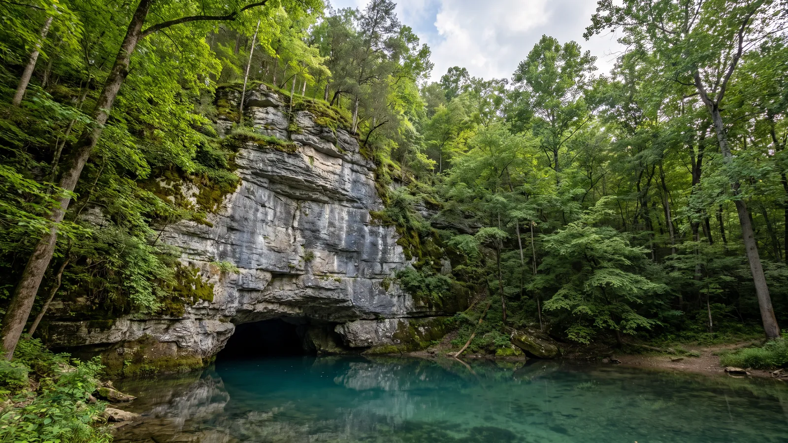 Gray limestone bluff with a dark cave opening and clear water at its base in the wooded hills of south-central Kentucky