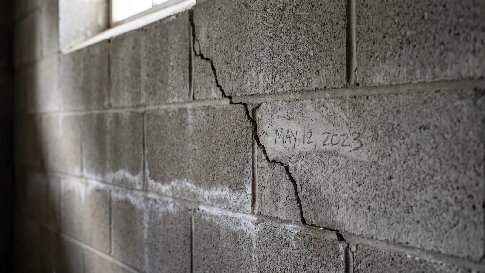Stair-step crack running diagonally through the mortar joints of a concrete block basement wall, with a little white efflorescence along the lower joints